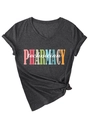 Detail of V-neck pharmacy technician shirt with colorful lettering and a stylish side knot - Heather Grey (White Graphic)