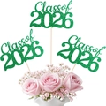 Green glitter Class of 2026 graduation cake topper set of 3 on pink roses - Green