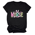 Detail view of Nurse typography print with bunny ears and medical icons on black t-shirt - S / Black (Color Graphic)