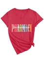 Detail of red V-neck T-shirt showing Pharmacy Technician print and stylish front knot hem - Red (White Graphic)