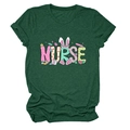 Detailed view of the dark green cotton T-shirt featuring a creative NURSE Easter graphic - S / Retro Green (Graphic)