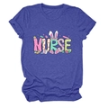 Detail of navy blue nurse T-shirt with Easter bunny ears and medical tool graphics - S / Retro Blue (Graphic)