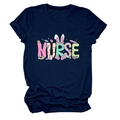Detail of navy blue nurse t-shirt with festive Easter bunny ears and medical icons print - S / Navy Blue (Graphic)