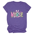 Detailed view of purple Nurse t-shirt with Easter bunny ears and floral medical icons - S / Purple (Graphic)