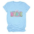Women's light blue nurse Easter T-shirt with bunny ears and floral graphics - S / Light Blue (Graphic)