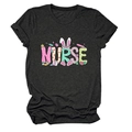 Detail of colorful Nurse lettering with Easter bunny ears on a gray cotton T-shirt - S / Heather Grey (Graphic)