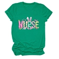 Detail of the green Nurse T-shirt with Easter bunny graphics and medical icons - S / Dark Green (Graphic)