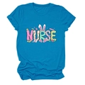 Close-up of Easter Nurse bunny graphic print on blue crew neck short sleeve t-shirt - S / Lake Blue (Graphic)