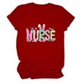 Detailed view of red Nurse T-shirt featuring Easter bunny ears and medical tools print - S / Red (Graphic)