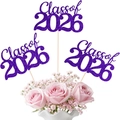 Class of 2026 purple glitter graduation cake toppers with wooden sticks for party decor - Purple