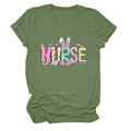 Detail of dark green cotton T-shirt featuring a Nurse print with Easter bunny elements - S / Olive Green (Color Graphic)