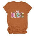 Detail of caramel orange Nurse Easter T-shirt with bunny ears and floral graphic print - S / Burnt Orange (Graphic)