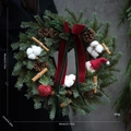 Macro shot of 45cm Christmas wreath with cotton, pine cones, and red velvet bow detail - Pine Cotton Red & Green (45CM)