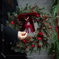 Detailed size view of a 45cm Christmas wreath with red bow, deer, and pine cones - Red Bow Deer Style (45CM)