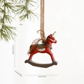 Festive red rocking horse resin pendant with gold hat and green saddle details - Red Unicorn
