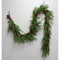 2.7m Christmas garland with LED lights, red berries and pine cones on white wall - Willow Leaf Garland with Pinecones Berries and Lights