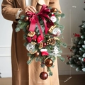 Burgundy Christmas bell swag with pine needles, silk bow and snowman ornaments - 45CM Teardrop Swag