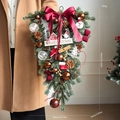 60x40cm Burgundy Christmas teardrop wreath with velvet bow, bells, and LED copper lights - 60CM Teardrop Swag With LED Light