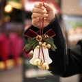 Christmas hanging ornament with red velvet bow, pine cones and large white bell - Style F White Bell