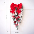 Snow-flocked Christmas teardrop swag with red bow, ornaments, and pine cones, 50cm size - Christmas Teardrop Swag Decor