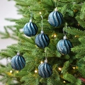 6cm peacock blue spiral Christmas baubles with silver caps on a festive tree - Set of 6 / Blue