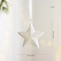 Silver glitter star Christmas tree hanging ornament with white ribbon, 9cm size - Pentagram