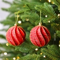 Set of two red 8cm Christmas ball ornaments with gold glitter spiral wave textures - Red Spiral Style