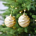 Golden 8cm Christmas ball ornaments with wave texture and glitter finish 2pcs set - Gold