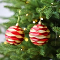 Set of two 8cm red and gold Christmas balls with glitter waves for tree decoration - Red