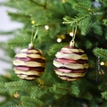 Set of two 8cm dark red and gold glitter wavy pattern Christmas ball ornaments - Brown