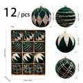 Lot de 12 boules de Noël floquées vert foncé avec paillettes dorées et perles - 6cm / Vert Foncé