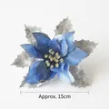 Blauwe en zilveren kerstbloem van fluweel met glitterrandjes, maat ca. 15 cm - Zilverblauw Stijl - Medium
