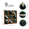 9pcs set of 8cm dark green velvet Christmas tree balls with gold glitter and pearl patterns - 8cm - Dark Green