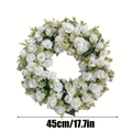 White artificial rose wreath with green leaves for front door decor, 45cm diameter size - Regular Diameter / White