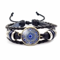 Handmade layered black leather Evil Eye bracelet with blue beads and adjustable cord - Mandala Time Gem Style (JY006334-7)