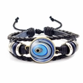 Handmade evil eye braided leather bracelet with blue glass charm and adjustable cord - Classic Amulet Style (JY006334-8)