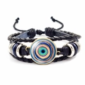 Adjustable multi-layer braided leather bracelet featuring a colorful evil eye charm - Colorful Concentric Circles Style (JY006334-9)