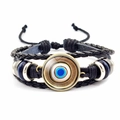 Handmade black leather woven Evil Eye bracelet with blue beads and adjustable cord - Black and White Style (JY006334-10)