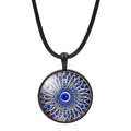 Blue evil eye necklace with mandala glass pendant and black leather cord strap - Mandala Geometric Pattern (JY006344-7)