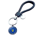 Portachiavi stemma Ucraina con cinturino in pelle intrecciata nera e anello metallo - Tridente Blu Scuro Oro (JY006310-12)