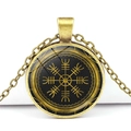Vintage gold Viking Vegvísir compass necklace with glass dome and rune pendant - Black Gold Viking Compass Glass Style (JY006521-7)