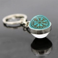 Silver Viking Vegvisir keychain with double-sided glass dome and teal compass pendant - Teal Vegvisir Runes Style (JY006535-9)
