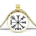 Vintage gold Viking compass pendant necklace with Vegvisir symbol glass dome - Golden Viking Compass Style (JY006521-10)