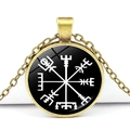 Bronze Viking Vegvisir compass pendant necklace with black glass gemstone charm - Black White Rune Compass Style (JY006521-11)