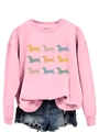 Close-up of pink crewneck sweatshirt with nine colorful dachshund silhouettes print - Pink