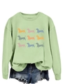 Detail of mint green sweatshirt featuring a 3x3 grid of colorful dachshund silhouettes - Olive Green