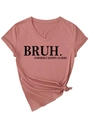 Detail of V-neck dusty pink cotton t-shirt featuring black Bruh Formerly Known As Mom print - Rose Gold (Black Font)