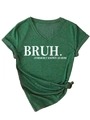 Detail of V-neck dark green T-shirt with BRUH MOM slogan and side knot hem styling - Vintage Green (White Font)