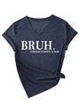 Detail of V-neck T-shirt showing side-knot hem and white BRUH. letter printing texture - Navy Blue (White Font)