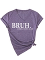 Close-up of purple V-neck T-shirt with BRUH MOM text and side knot detail - Purple (White Font)
